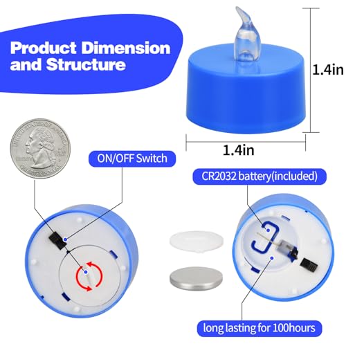 KOABY 24 Pack Blue Light Flameless Tea Lights, Blue Base, Last 100H - color: Blue Light, Blue Base, size: 24 Pack