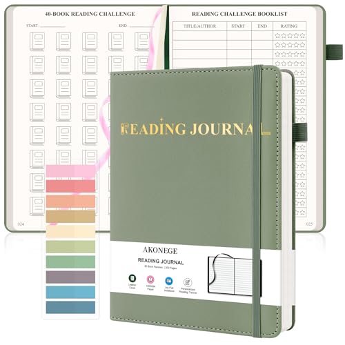 AKONEGE Reading Journal for Book Tracking - PU Leather Book Journal Reading Log with 80 Reviews for Readers, Accessories with Sticky Tabs, Pen Holder, Ribbon Bookmarks, 5.6" x 8.3", Dark Green - color: Dark Green
