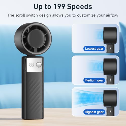 YOSHENMO Portable Handheld Turbo Fan - Foldable Mini Fan with Air Turbo Tech, 1-199 Speed Adjustment, 20H Runtime, LED Display, Battery-Powered for Indoor/Outdoor Use, Dark Black - color: Light Black, size: Small
