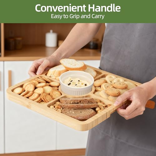 Charcuterie Board with Lid, Bamboo 5‑Compartment Portable Serving Platter - color: 5 Compartments-Square