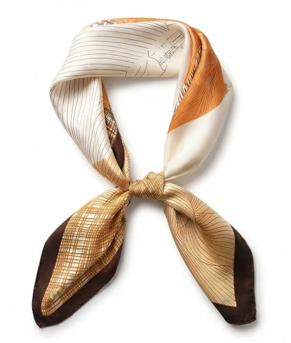 corciova Women’s Square Scarf 27.5 in (70 x 70 cm), Satin-Feel Polyester, Lightweight Fashion Scarf for Hair, Neck and Bag - color: Floral Line Art (Beige / Orange / Brown)