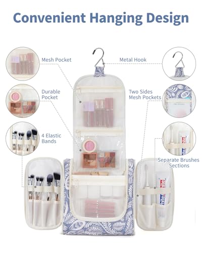 Narwey Large Hanging Travel Toiletry Bag for Women, Makeup Cosmetic Bag - color: B-Blue Leaf, size: Large