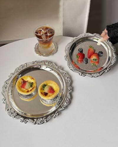 Round Decorative Tray 7.9in Metal Dessert Plates Vintage Coffee Table Tray for Snacks Fruit Silver - color: Silver, size: 7.9"