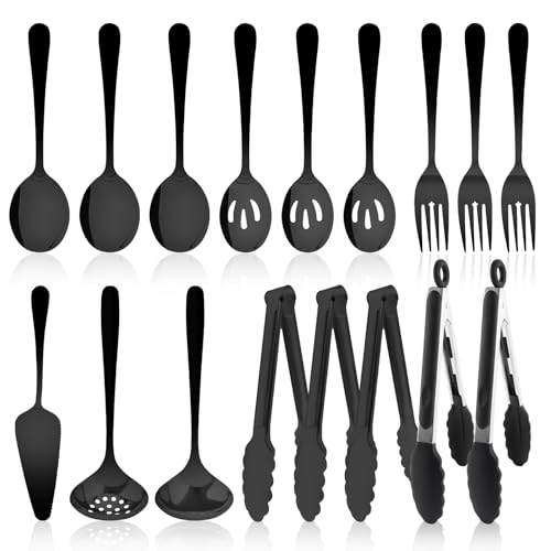 17PCS Serving Spoons and Utensils Set, Stainless Steel Serveware Black - color: Black