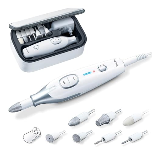 Beurer MP42 Nail Drill, 7-in-1 Nail Kit with Strong Sapphire Nail Drill Bits, Electric Nail File and Nail Buffer Includes Bright LED Light, Pedicure Kit and Manicure Set with Storage Case - color: White