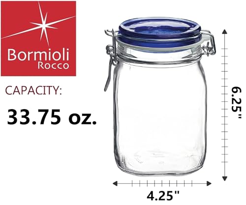 Bormioli Rocco Fido Glass Jar, Blue Lid - Serving & Entertaining Container - 33.75 oz Airtight Clamp Canister for Appetizers, Desserts, Snacks & Gifting - Italian Glass, Dishwasher Safe - color: Clear, size: 33.75 fl oz