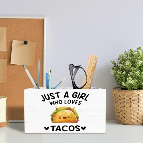 Mexican Taco Pen Holder for Desk, Gifts for Taco Lovers Pencil Organizer, Just a Girl Who Loves Tacos Wooden Box Sign Desk Decor for Home Office Decoration - color: TACOS