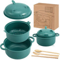 1 Set Large 45oz Cute Pig Ramen Bowl Set Microwavable, Dark Green - color: Dark Green