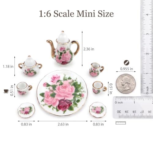 Miniature Tea Set 1/6 Scale Dollhouse Accessories Porcelain Big Rose - color: Big Rose