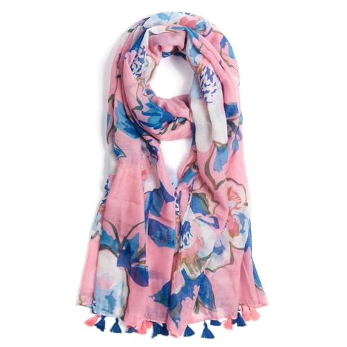 QIUTIMIY Scarf for Women Lightweight Soft Floral Leopard Printed Scarves Fall Winter Fashion Shawl Wrap with Fringe - color: Flower-pink Blue