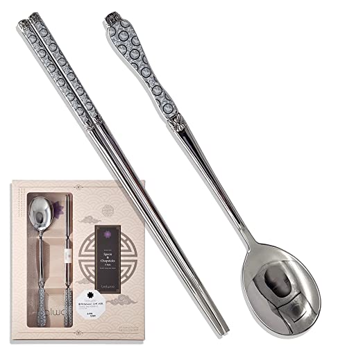 Goryeo Celadon Design Korean Table Sticky Rice Spoon and Chopsticks 430 Stainless Steel Glossy Surface Mukbang Cutlery (White, 5 Sets) - style: White, 5 Sets
