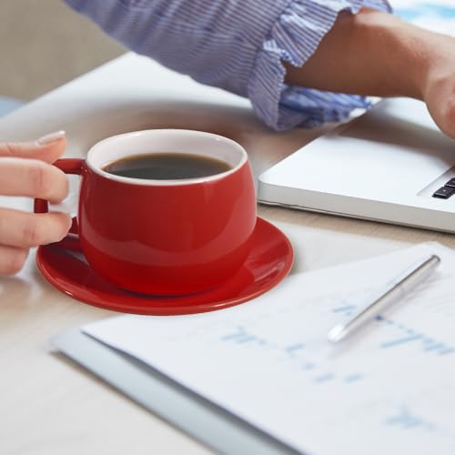 ionEgg Porcelain Coffee Cup with Saucer 270ml/9oz, Minimalist Design, Perfect for Latte, Cappuccino, and Tea, Red - color: Red
