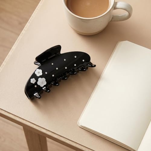 Black Hair Claw Clip with Flowers, 4 Inch Large Hair Clips for Women - color: Black