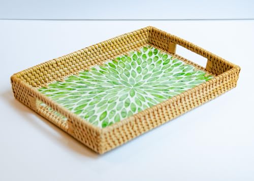 Magenta & Teal Decorative Rectangle Rattan Serving Tray 13x9 inch Mother of Pearl Inlay, Wicker Coffee Table Decor, Farmhouse (Green Petals) - color: Green Petals