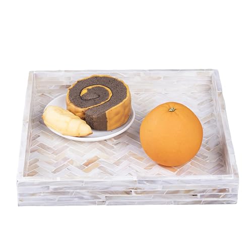 PEMAR 11" Square Mother of Pearl Decorative Tray - Herringbone Shell - color: Creamy White Herringbone