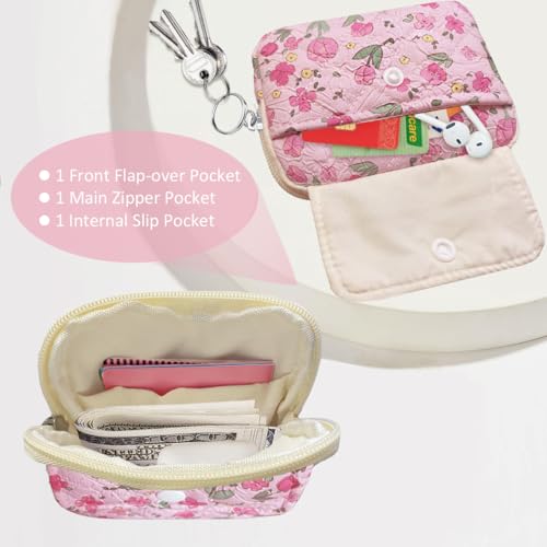 Cute Prints Cotton Quilted Coin Purse for Women Girls - color: PINK TULIP