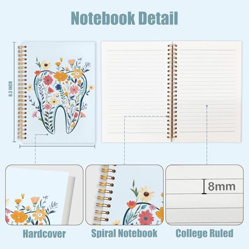 WUCHJ Dentist Gifts Notebook Journal, Dental Assistant Office Gifts for Women, Blue Floral Tooth Dental Spiral Notebook Journal for Note Taking, Dentist Office Supplies, 5.5x8.3 Inch - color: blue tooth flower