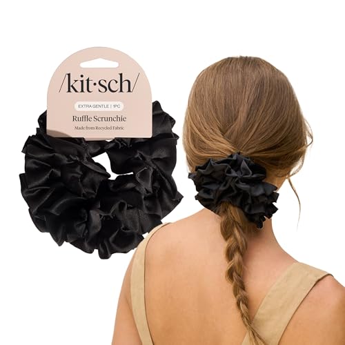 Kitsch Ruffle Satin Scrunchies For Women - Gentle Hair Tie - Black, 1pc - color: Black Ruffle