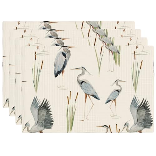 Grey Heron Blue Birds Floral Placemats Set of 4 12x18 Inch - color: Beige Blue, size: Set of 4