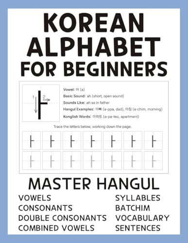 Korean Alphabet for Beginners: Hangul Learning Made Easy with an Easy Step-by-Step Guide to Consonants, Vowels, Syllables, Batchim, Vocabulary, Sentences, and More