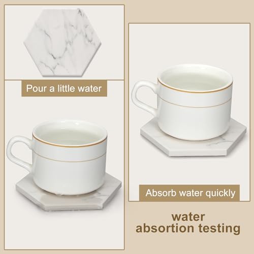 White Marble Coasters Set of 6 Hexagon Absorbent Drinks Coaster with Holder - color: Gray