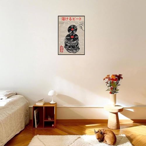 Vintage Vinyl Record Canvas Wall Art Funny Melting Beat Newspaper Poster Abstract Japanese Music Record Aesthetic Prints Painting For Home Bedroom Dorm Living Room Wall Decor 16x24in Framed - color: Multi 05 Framed, size: 16"L x 24"W
