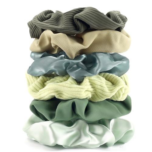 Scrunchies for Women Girls 6Pcs Green Satin Scrunchies for Long Thick Hair Ultra Textured Soft Cotton Scrunchy Hair Ties No Damage Neutral Scrunchie Cute Hair Bands Ponytail Holders Hair Accessories - color: C-Green 6PCS