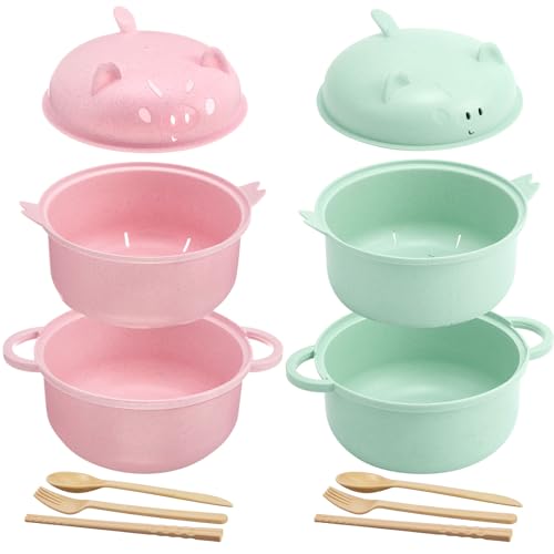 2 Sets 45oz Cute Pig Ramen Bowl Microwavable Pink, Nordic Green - color: Pink,Nordic Green