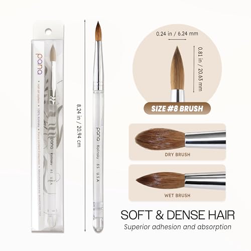 PANA Pure Kolinsky Hair Nail Brush - Round Clear Acrylic Handle (Size 8) - Nail Brush for Nail Application, Nail Extension, Manicure Pedicure Salon Beginner and Professional - color: Clear, size: Size 8