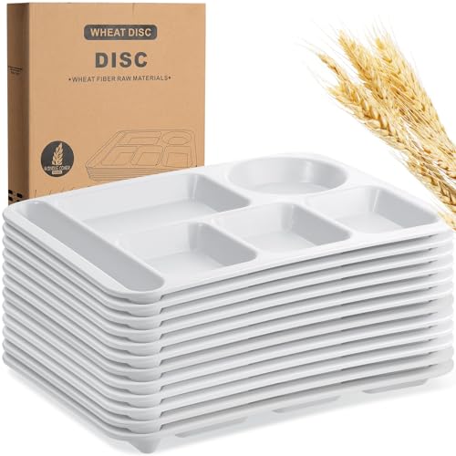 Pinkunn 12 Pcs 14'' Large Divided Plates Unbreakable Wheat Straw Lunch Trays 6 Compartments Cafeteria Trays Microwave Dishwasher Safe Food Separator Plates (White) - color: White