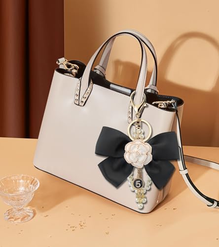 Camellia Flower Purse Charm Keychain with Bow and Pearl Accents - color: White