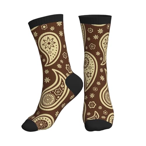 Crew Athletic Socks Funny Crazy Casual Sports Novelty Dress Socks for Women Men Running Hiking - color: Brown Ethnic Paisley Flowers