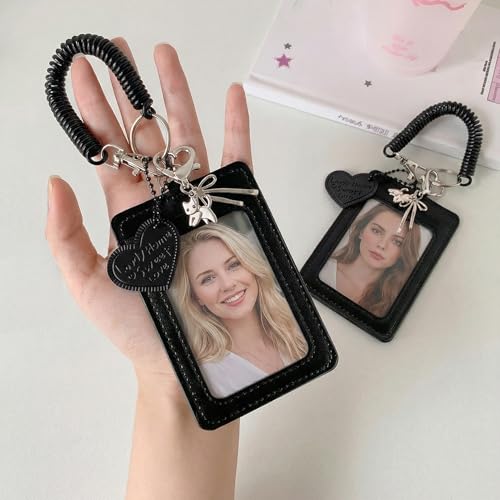Kpop Photocard Holder Keychain - 2 Pack PU Leather Wallet Size Photo Card Holder with Detachable Metal Chain, Cute Double-Slot Protective Sleeve for Idol Photocards, ID Badge & Credit Cards