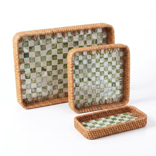 Handwoven Rattan Tray Set of 3 with Mother of Pearl Green Check Inlay - color: Green Check