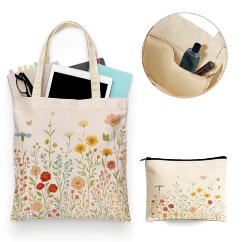 Aesthetic Canvas Tote Bag for Women – Minimalist Open-Top Design, Perfect for Books, Daily Errands and Gifting. - color: Wildflower Garden