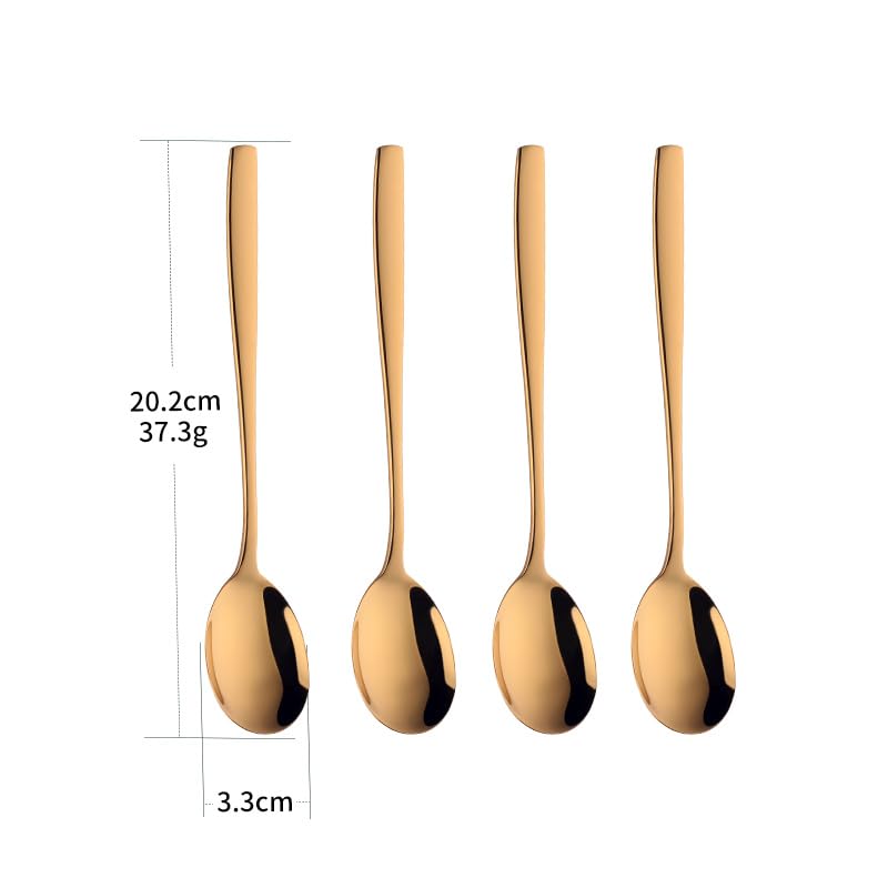 Metal Round Spoons, 8 inch Stainless Steel Reusable Long Handle Korean Soup Spoons, Table Dinner Desert Spoon Set of 8 (Gold) - size: Gold