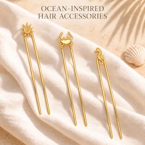 3PCS Ocean U Shaped Hair Pins for Women, Gold Shell Starfish Conch Bun Pins, Coastal Beach Hair Accessories, French Twist Hair Forks for Thick Thin Hair Summer Vacation (Copper) - color: Copper