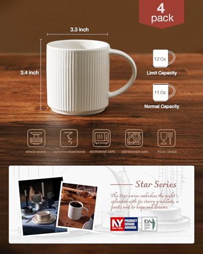 famiware Coffee Mug Set of 4, Star 12 oz Ceramic Mugs Cups Set with Handle - color: Star-Matte White, size: 4 Count (Pack of 1)