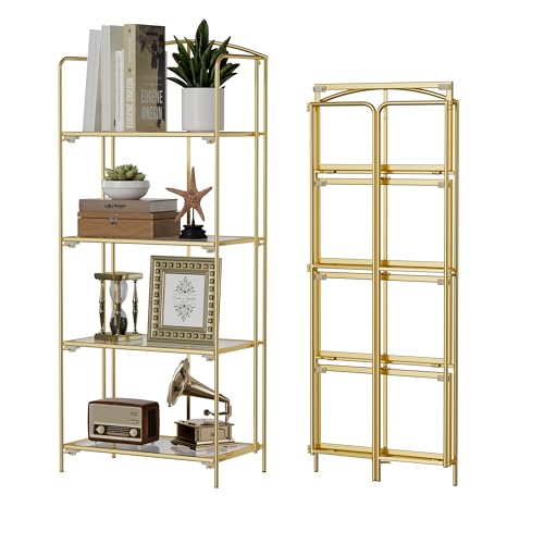 Crofy 4-Tier Foldable Bookshelf, Gold Frame & Transparent Shelves - color: Gold Frame & Transparent Shelf, size: 4 Tier