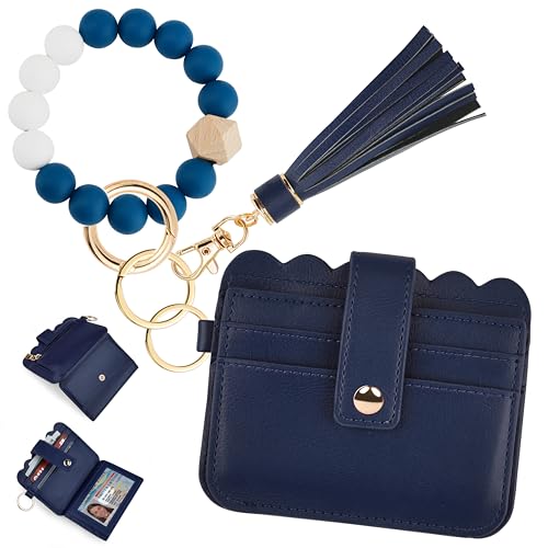 Wristlet Wallet for Women with Keychain – RFID Card Holder Small Wallet Wristlet with Key Ring - color: Navy Blue, style: Classic