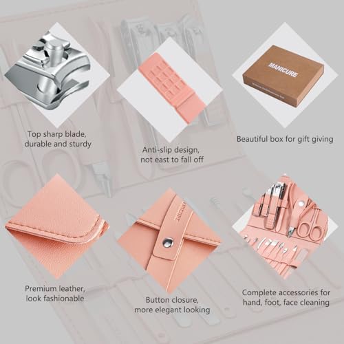 Manicure Set Professional Nail Clippers Pedicure Kit,16 pcs Stainless Steel - color: Pink