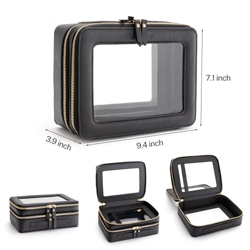 Aveniee XL Clear Makeup Organizer,Double Layer Travel Cosmetic Case with Brush Holder & Zippered Compartments,Big Toiletry Bag for Travel Accessories,2 Layers Large,Black - color: Black, style: Dual Layer Large