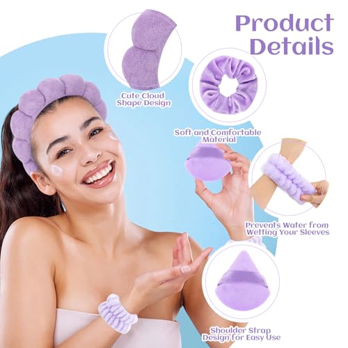 7Pc Puffy Spa Headband and Wristband Set for Washing Face, Skincare With Scrunchies, Powder Puffs, Sponge, Makeup Removal - Terry Cloth for Mask - Purple - color: Purple