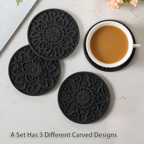 Colinda Silicone Coasters - Set of 6 with Holder, Non-Slip Cup Mats for Hot and Cold Drinks, Decorative Designs, Gift Ready Packaging,Black - color: Black