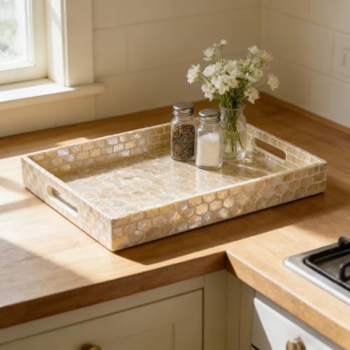Rectangular Mother of Pearl Serving Tray, Handmade Ottoman Decorative Shell Tray with Handles for Fruit Bread Tea Breakfast Coffee Table Party Home Decor (Gold Mosaic) - color: Gold Mosaic