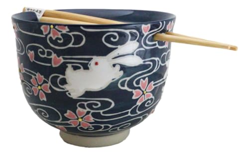 Ebros Gift Artistic Donburi Ramen Udon Noodles Soup Salad 5" D 18Oz Bowl With Bamboo Chopsticks And Built In Rest Set Asian Dining Kitchen Accent (White Rabbit With Sakura Cherry Blossoms) - color: White Rabbit With Sakura Cherry Blossoms