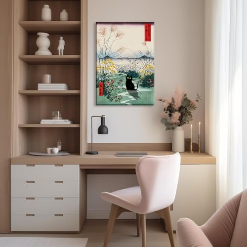 Framed Japanese Black Cat Canvas Wall Art Edo Period Mount Fuji Wall Decor Funny Cute Cat Animal Posters Pictures Japanese Ukiyoe Art Aesthetic Minimalism Painting Prints Bathroom Home Artwork