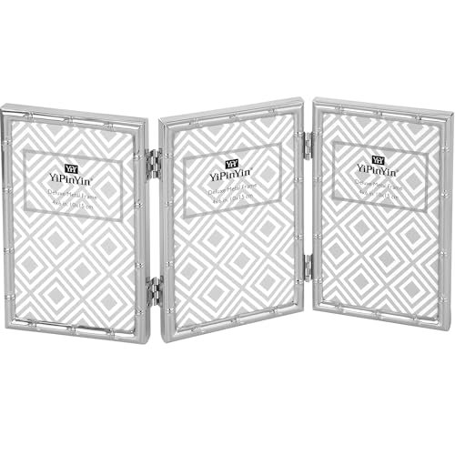YiPinYin Elegant Silver Plated 4x6'' Hinged Triple Metal Picture Frame,Bamboo Detail Designs,with Real Glass & Soft Touch Velvet Backing for Desktop and Wall Décor - color: Silver, size: 4x6''(Triple)