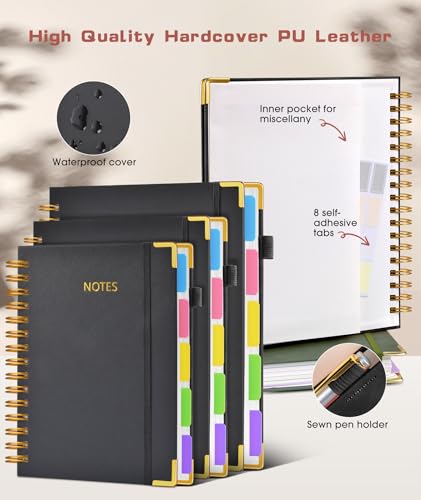 Hardcover Spiral Notebook 8.5"x11" Journal with Removable Dividers Tabs, 300 Pages Leather 5 Subject Notebook College Ruled, Large A4 Notebooks for Work School, Lined Journal for Women, A4 Black - color: Black, size: 8.5"x11"