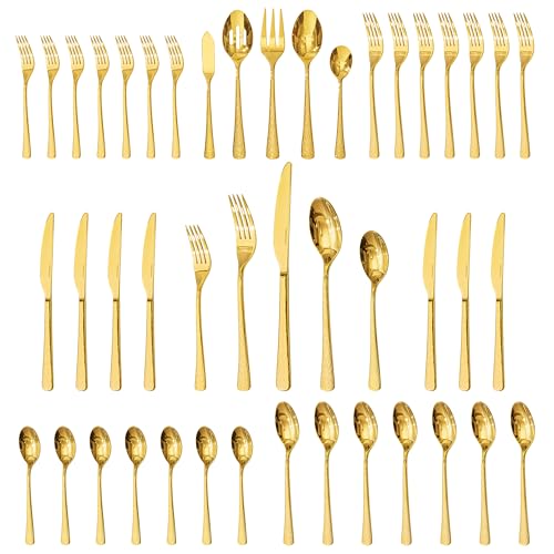 45 Piece Gold Silverware Set with Serving Utensils, 18/10 Stainless Steel - color: Gold, size: 45-Piece